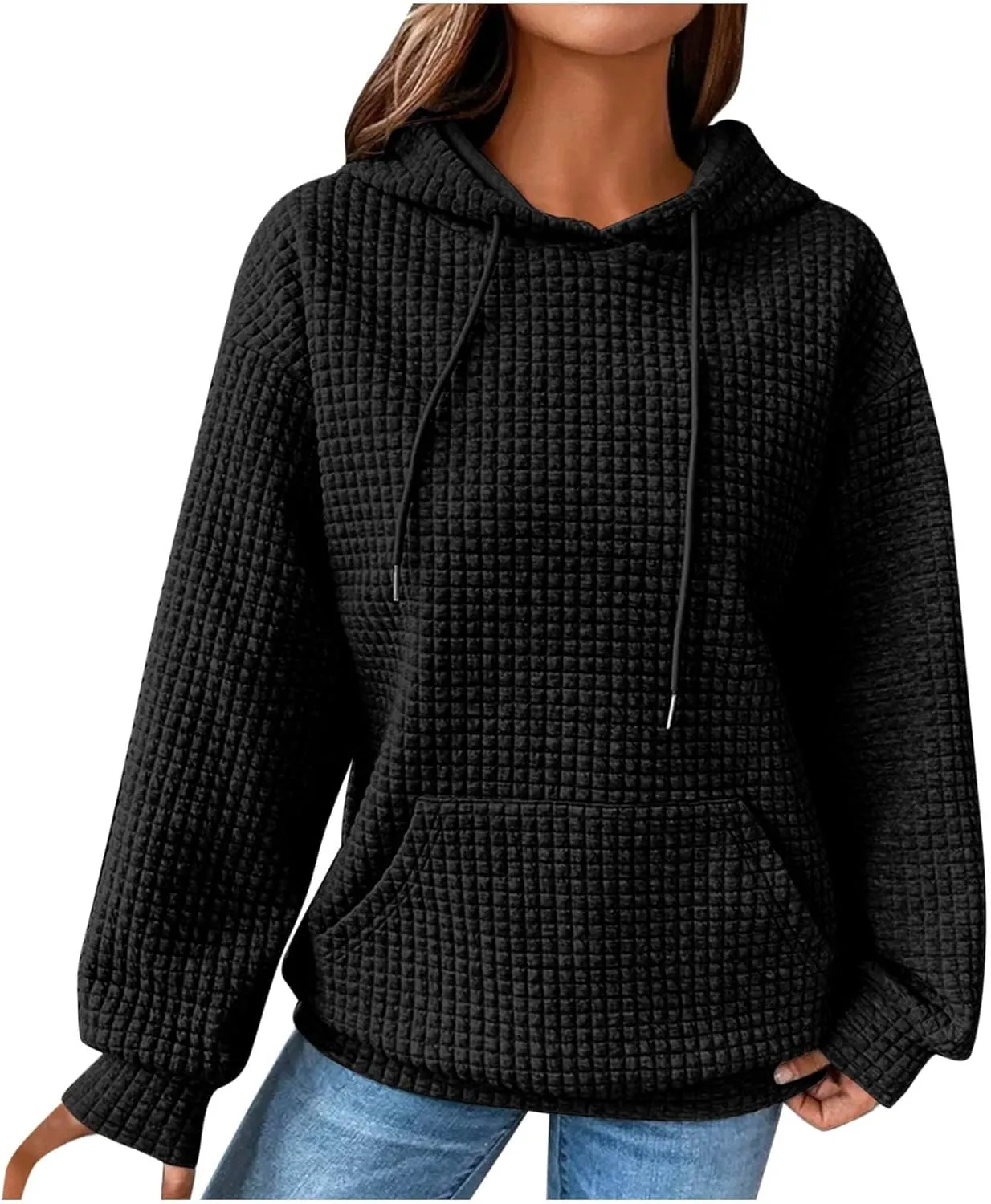 Womens Hoodies Waffle Hooded Sweatshirt Long Sleeve Casual Loose Fit Pullover Tops 2024 Fall Fashion with Pocket