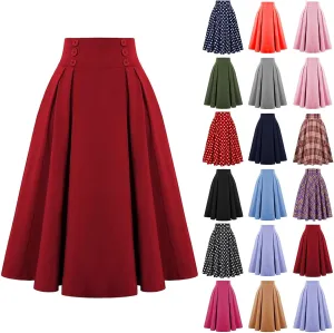 Womens Knee Length Plaid Skirt Vintage Button High Waist A Line Skirts Summer Cute Boho Swing Bodycon Pleated Skirt