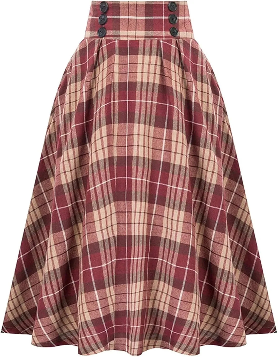Womens Knee Length Plaid Skirt Vintage Button High Waist A Line Skirts Summer Cute Boho Swing Bodycon Pleated Skirt