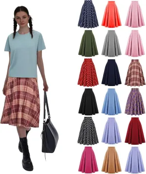 Womens Knee Length Plaid Skirt Vintage Button High Waist A Line Skirts Summer Cute Boho Swing Bodycon Pleated Skirt