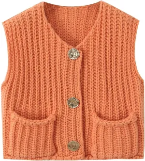 Womens Knit Vest Tops Sleeveless Cropped Chunky Sweater Vests Botton Down Lightweight Cardigan with Pockets