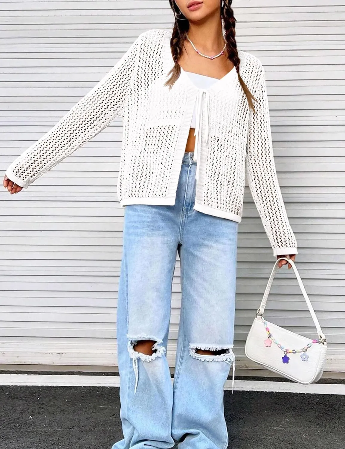 Womens Lightweight Crochet Cardigan Tie Front Shrugs Knit Crop Tops