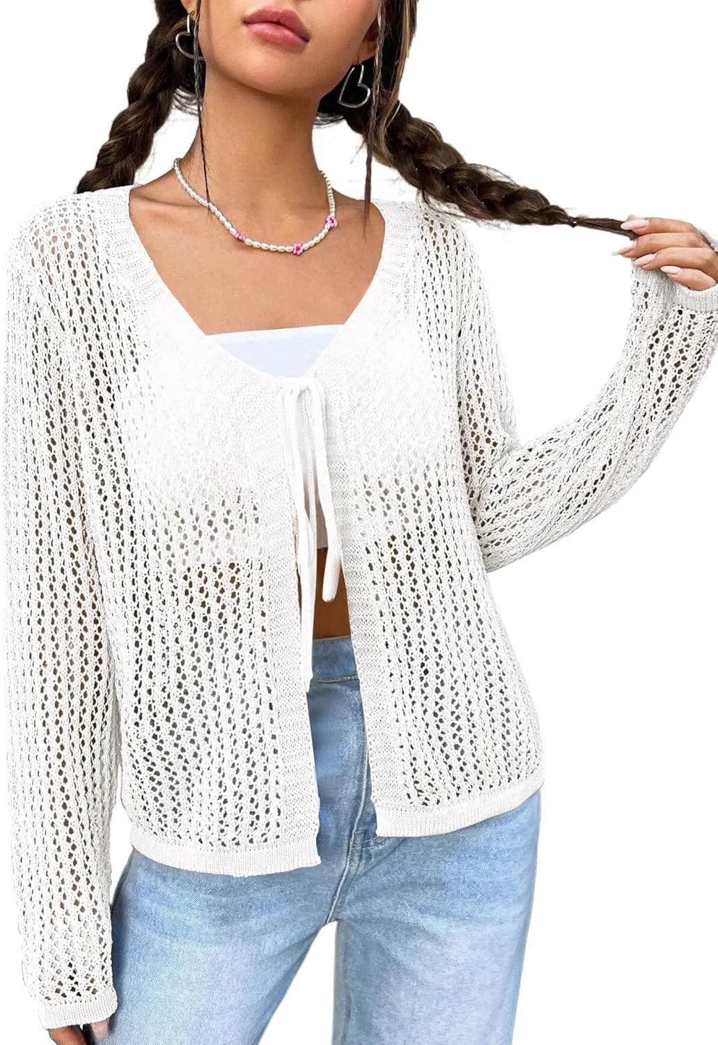 Womens Lightweight Crochet Cardigan Tie Front Shrugs Knit Crop Tops