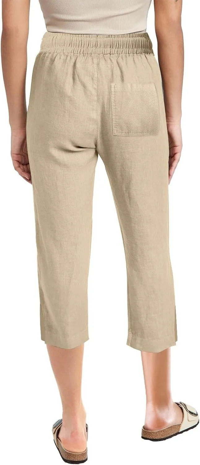 Women's Linen Capri Pants with Drawstring Beach Casual Pants Linen Lightweight Elastic Waist