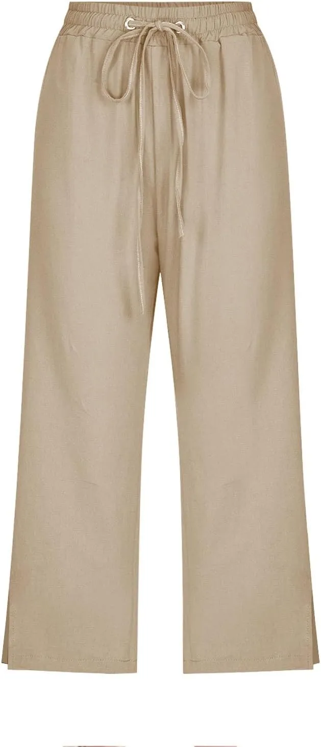 Women's Linen Capri Pants with Drawstring Beach Casual Pants Linen Lightweight Elastic Waist