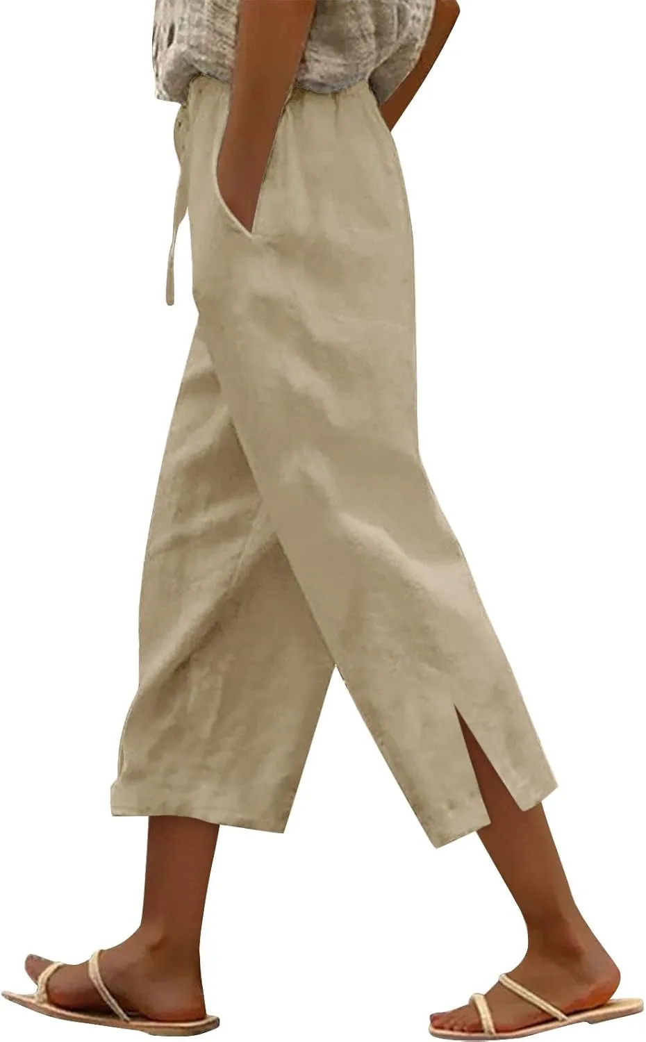 Women's Linen Capri Pants with Drawstring Beach Casual Pants Linen Lightweight Elastic Waist