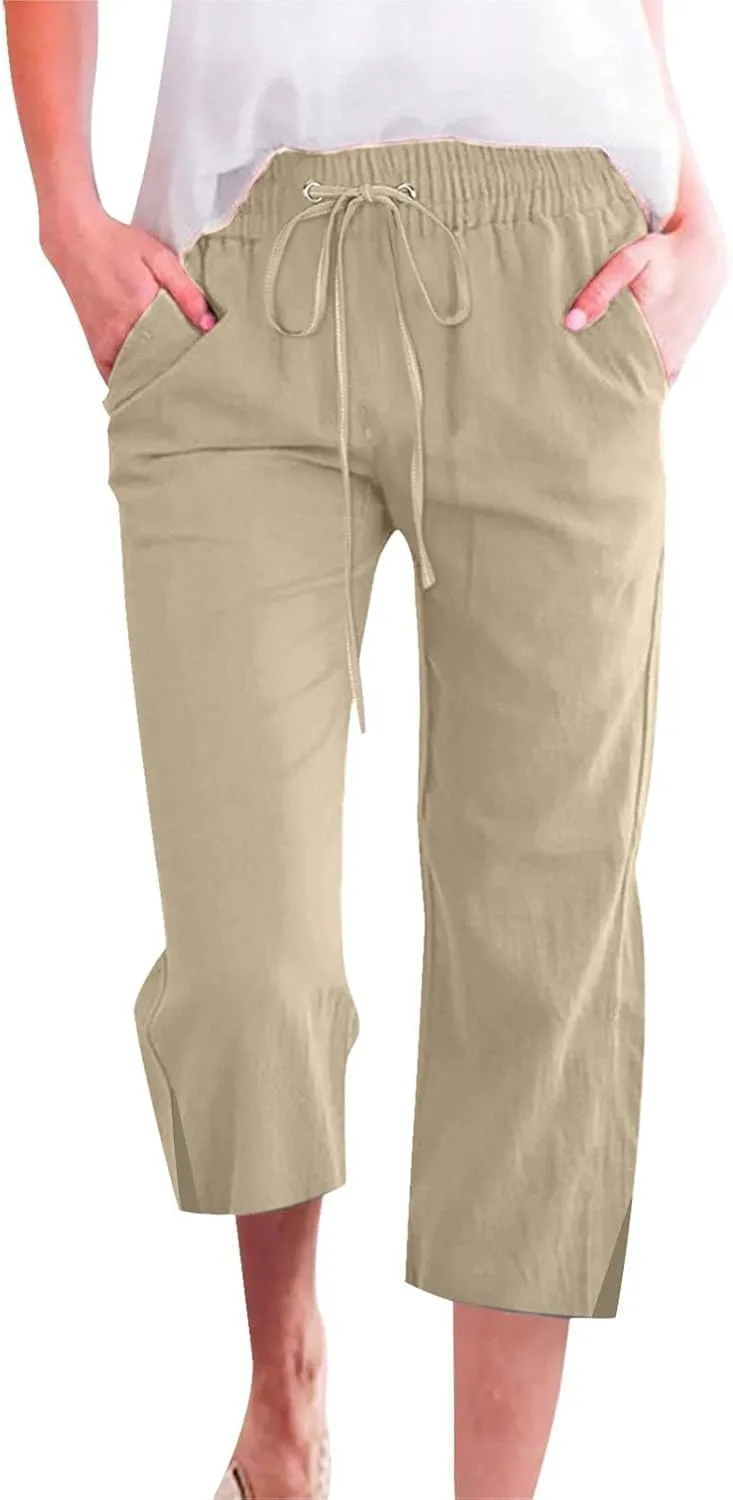 Women's Linen Capri Pants with Drawstring Beach Casual Pants Linen Lightweight Elastic Waist