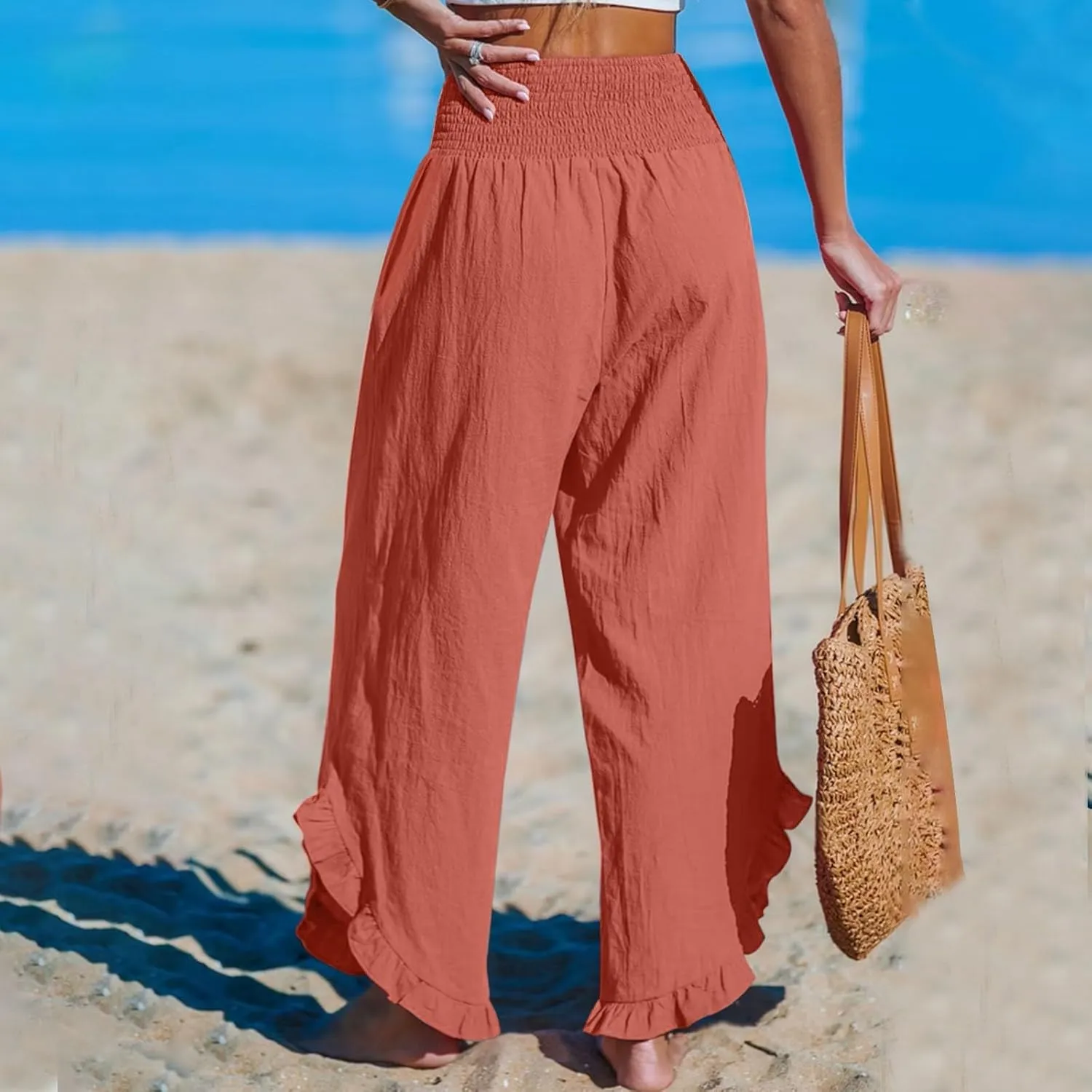 Womens Linen Pants 2025 Summer Wide Leg Elastic High Waist Pants with Pocket Flowy Casual Vocation Beach Trousers
