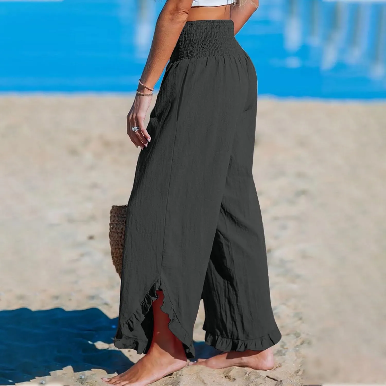 Womens Linen Pants 2025 Summer Wide Leg Elastic High Waist Pants with Pocket Flowy Casual Vocation Beach Trousers