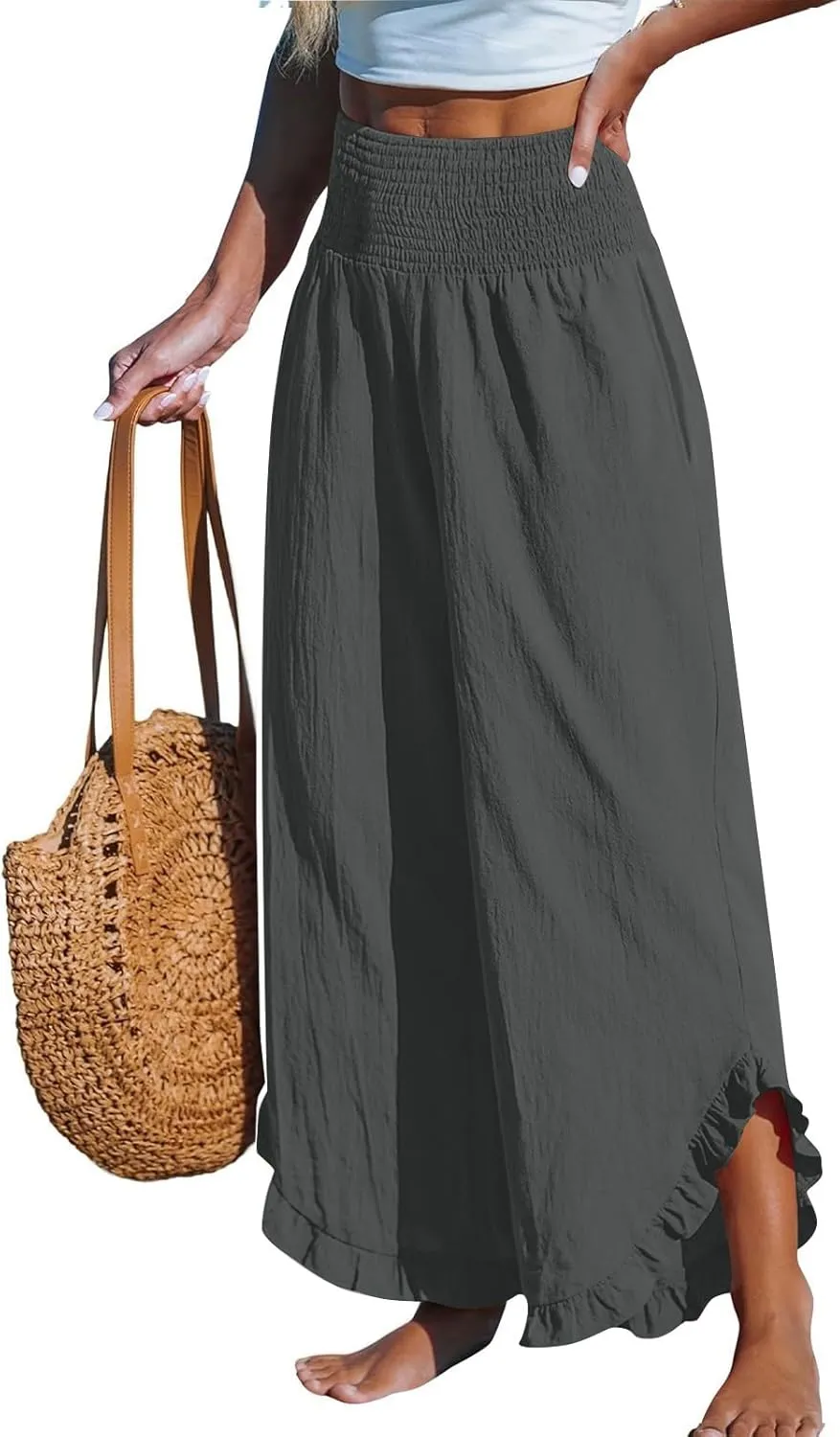 Womens Linen Pants 2025 Summer Wide Leg Elastic High Waist Pants with Pocket Flowy Casual Vocation Beach Trousers