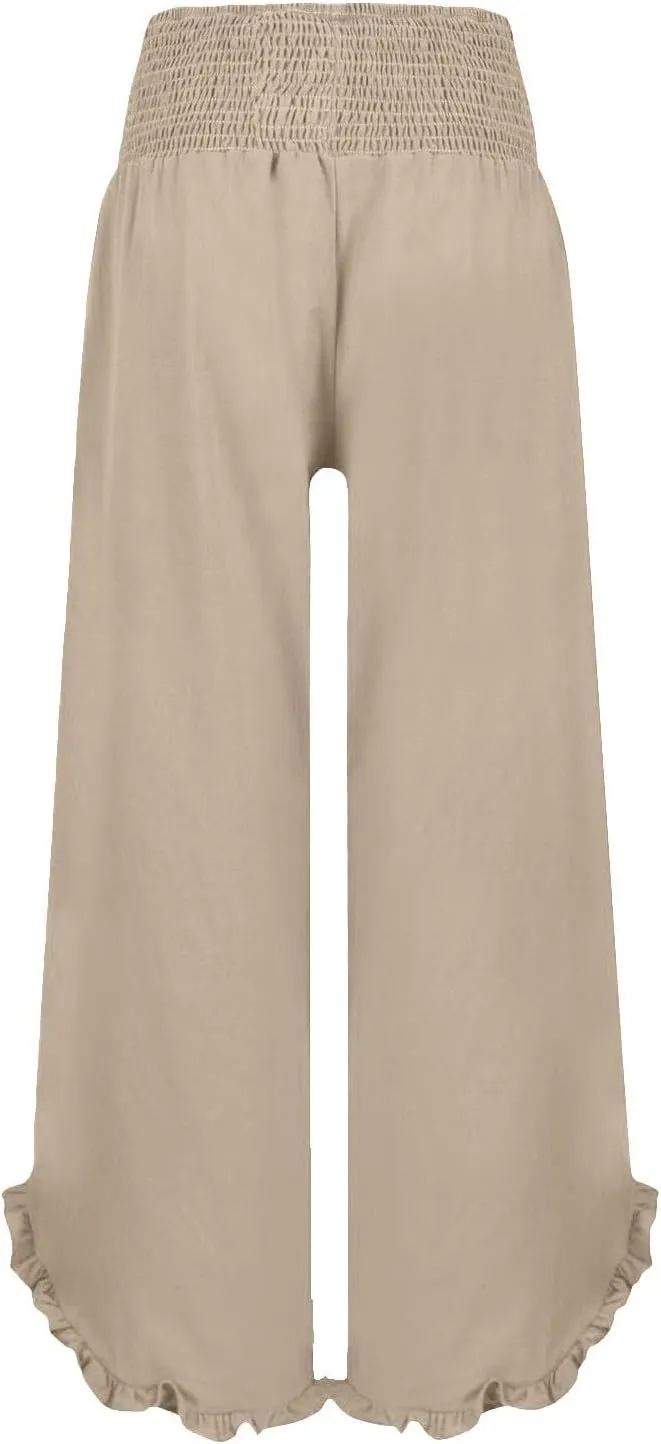 Womens Linen Pants 2025 Summer Wide Leg Elastic High Waist Pants with Pocket Flowy Casual Vocation Beach Trousers