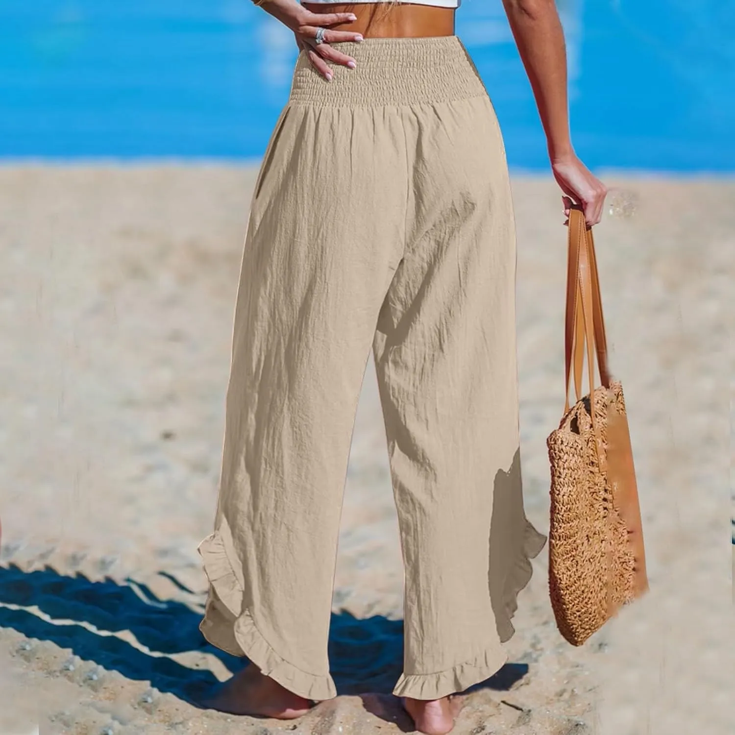 Womens Linen Pants 2025 Summer Wide Leg Elastic High Waist Pants with Pocket Flowy Casual Vocation Beach Trousers