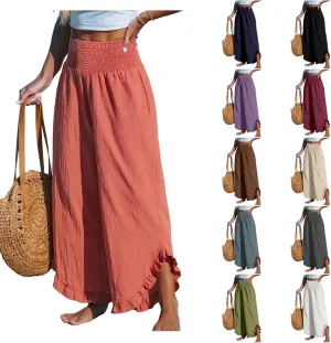 Womens Linen Pants 2025 Summer Wide Leg Elastic High Waist Pants with Pocket Flowy Casual Vocation Beach Trousers