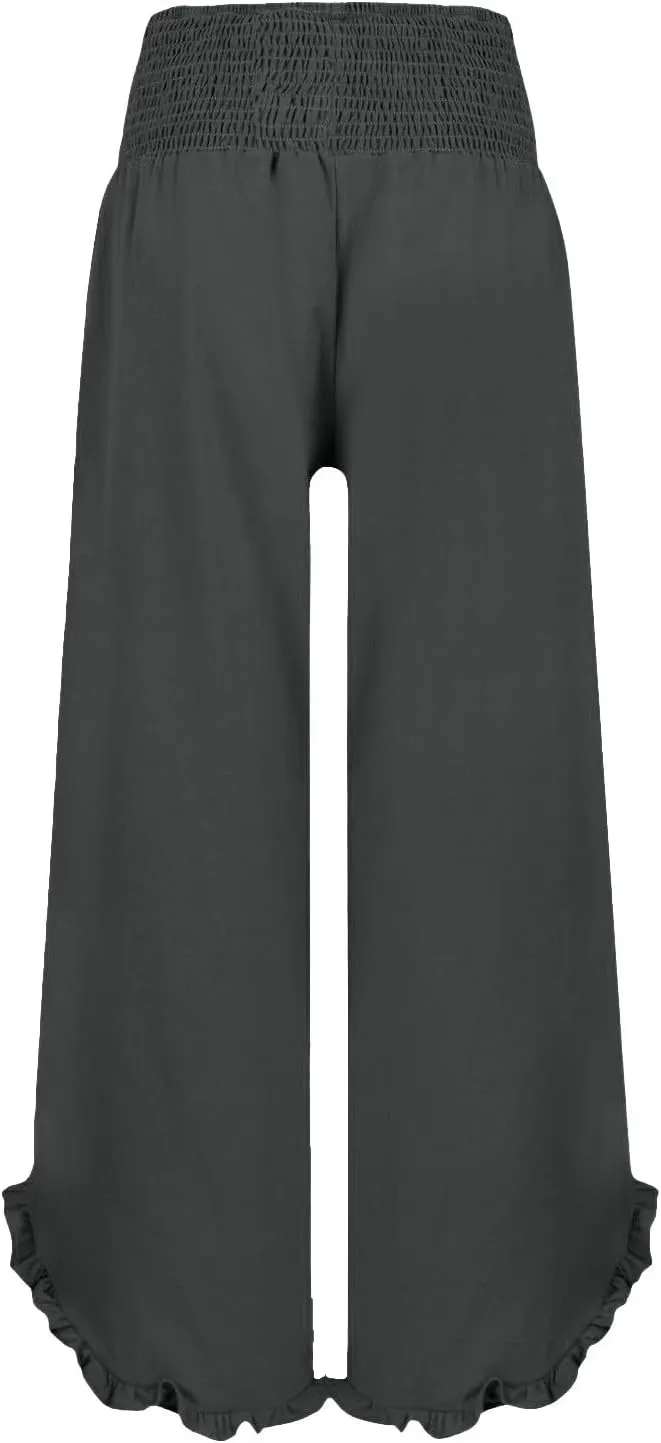 Womens Linen Pants 2025 Summer Wide Leg Elastic High Waist Pants with Pocket Flowy Casual Vocation Beach Trousers