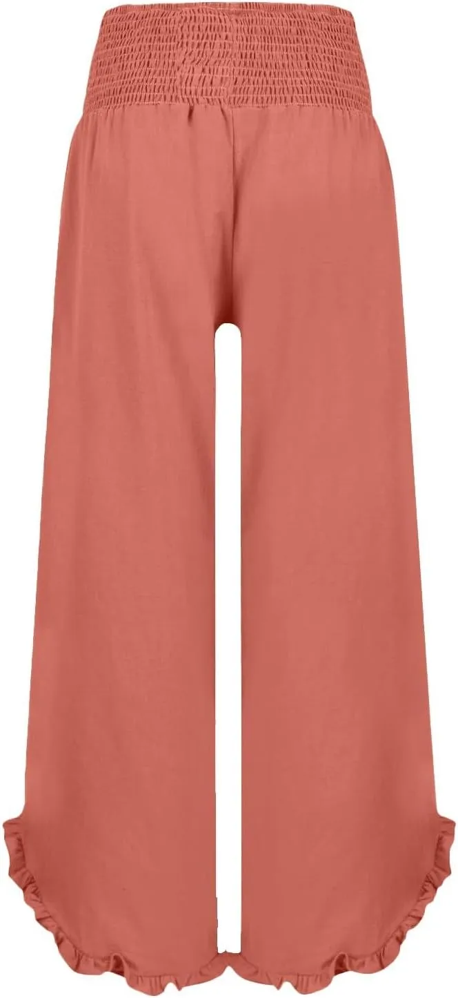 Womens Linen Pants 2025 Summer Wide Leg Elastic High Waist Pants with Pocket Flowy Casual Vocation Beach Trousers