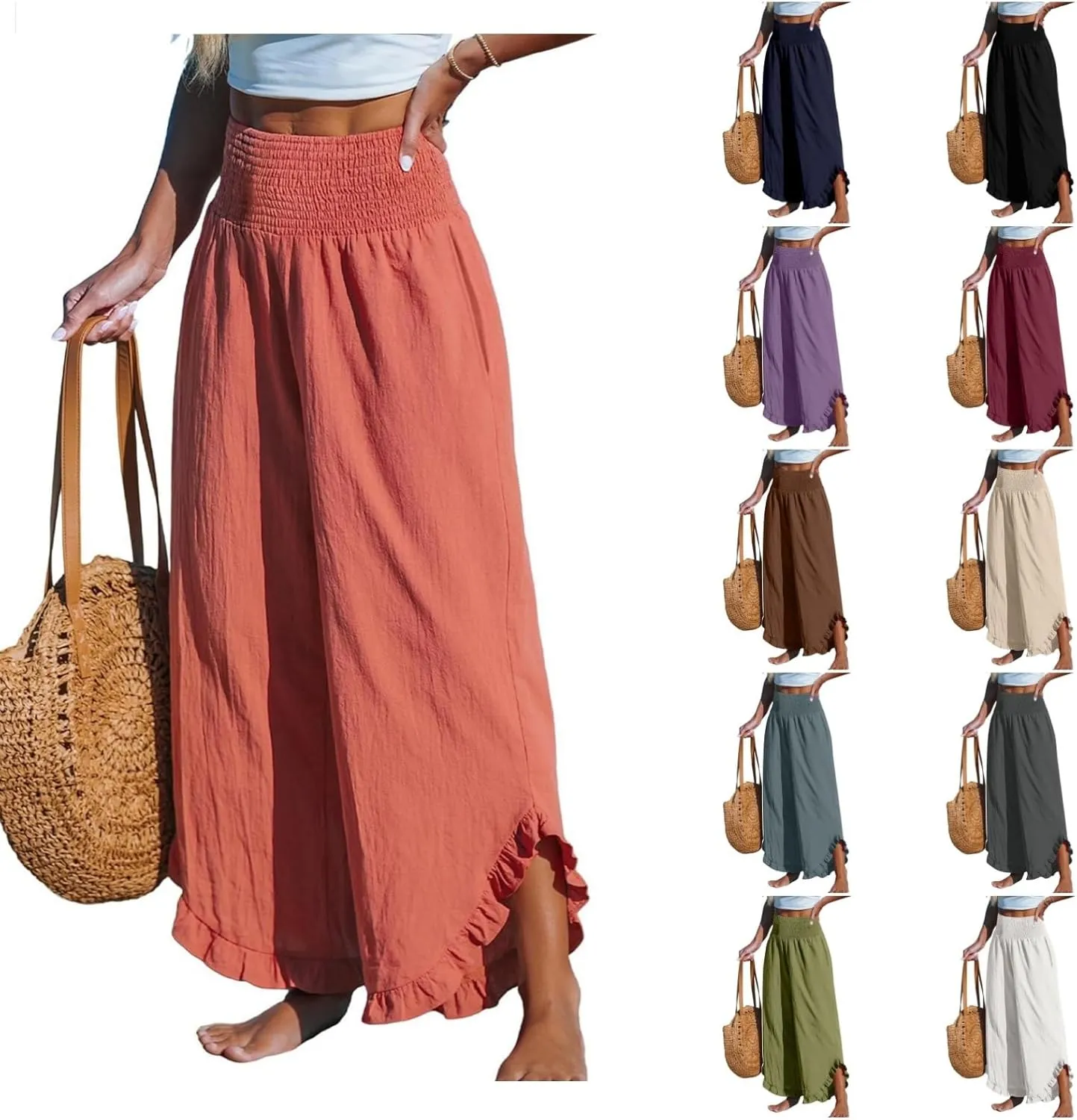 Womens Linen Pants 2025 Summer Wide Leg Elastic High Waist Pants with Pocket Flowy Casual Vocation Beach Trousers
