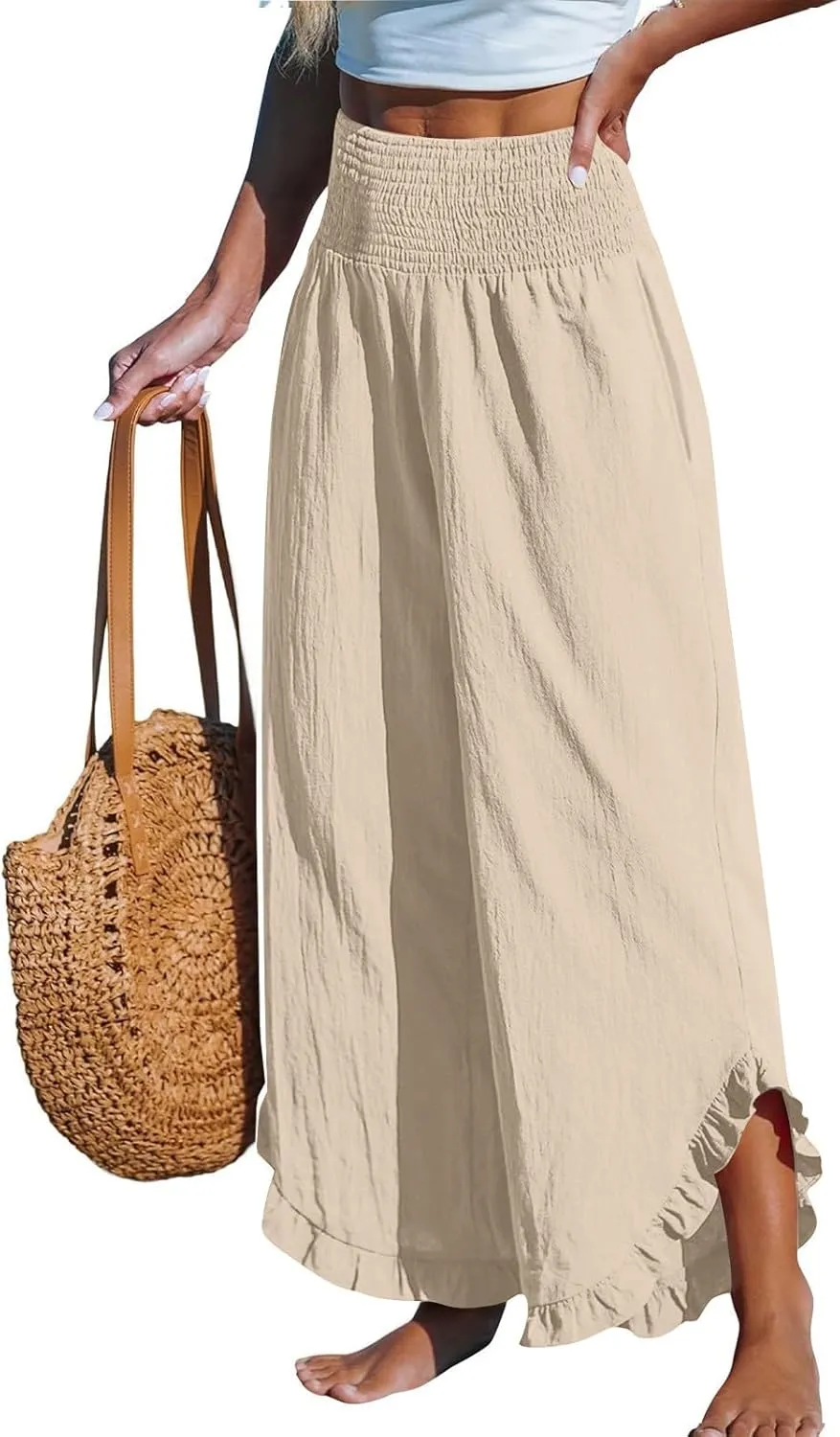 Womens Linen Pants 2025 Summer Wide Leg Elastic High Waist Pants with Pocket Flowy Casual Vocation Beach Trousers
