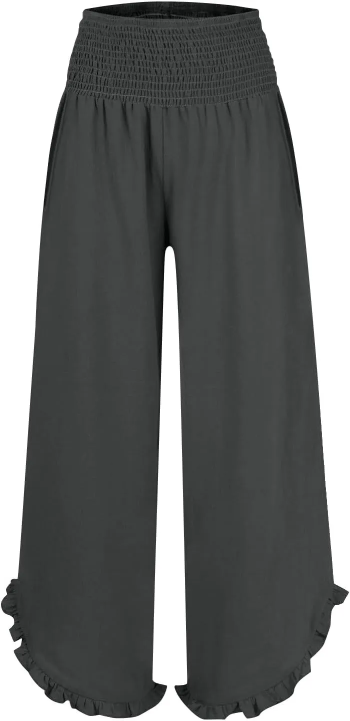 Womens Linen Pants 2025 Summer Wide Leg Elastic High Waist Pants with Pocket Flowy Casual Vocation Beach Trousers
