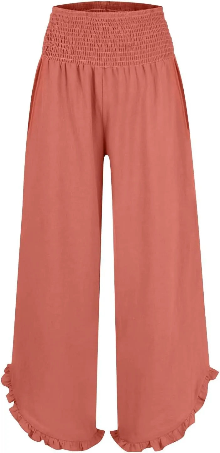 Womens Linen Pants 2025 Summer Wide Leg Elastic High Waist Pants with Pocket Flowy Casual Vocation Beach Trousers