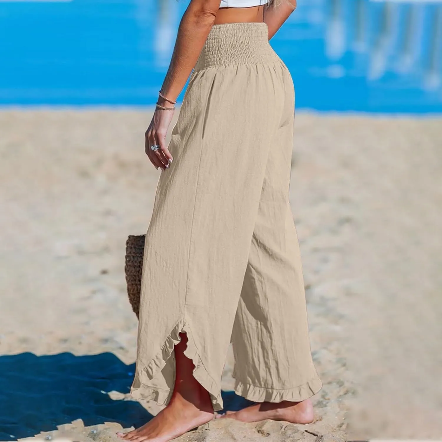 Womens Linen Pants 2025 Summer Wide Leg Elastic High Waist Pants with Pocket Flowy Casual Vocation Beach Trousers