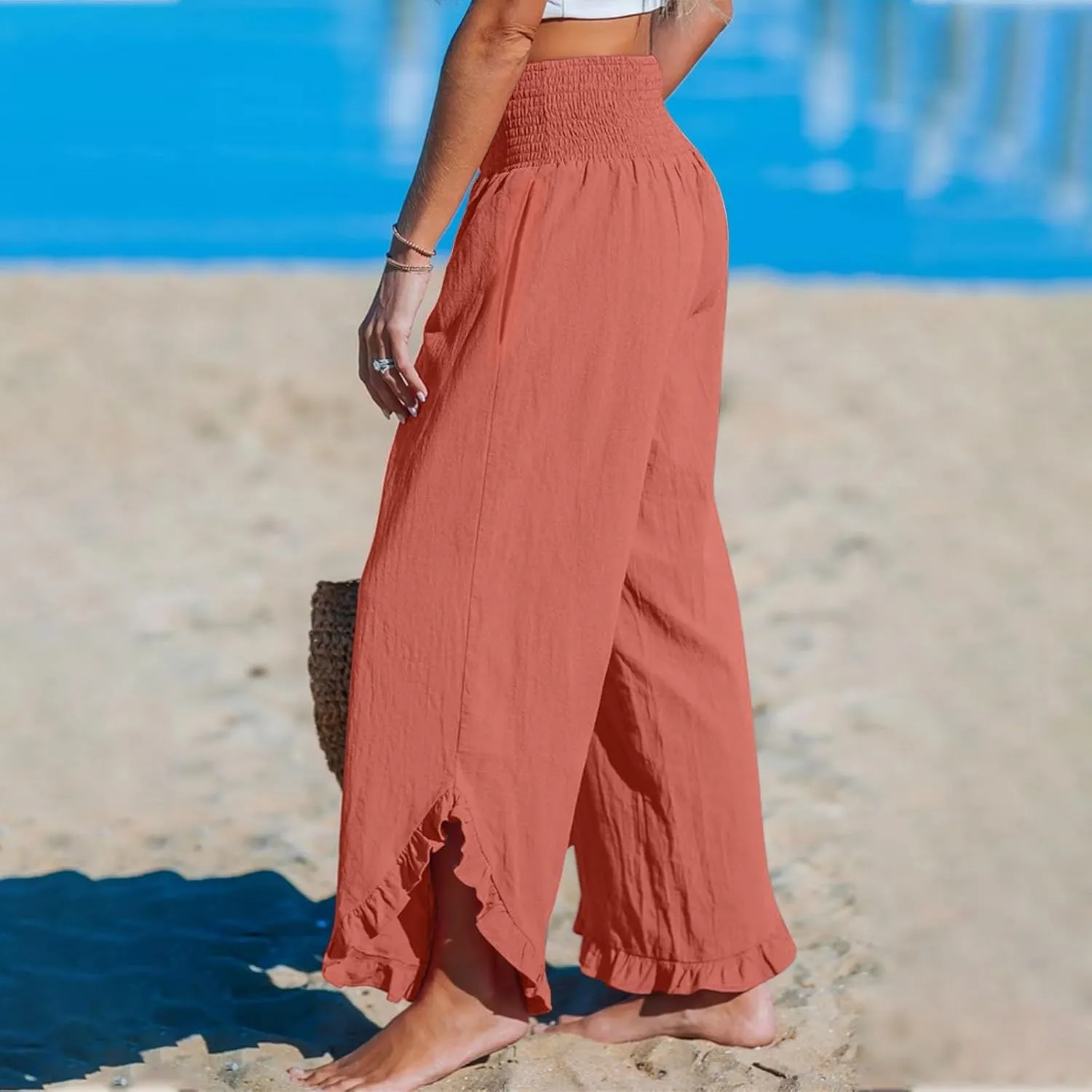 Womens Linen Pants 2025 Summer Wide Leg Elastic High Waist Pants with Pocket Flowy Casual Vocation Beach Trousers