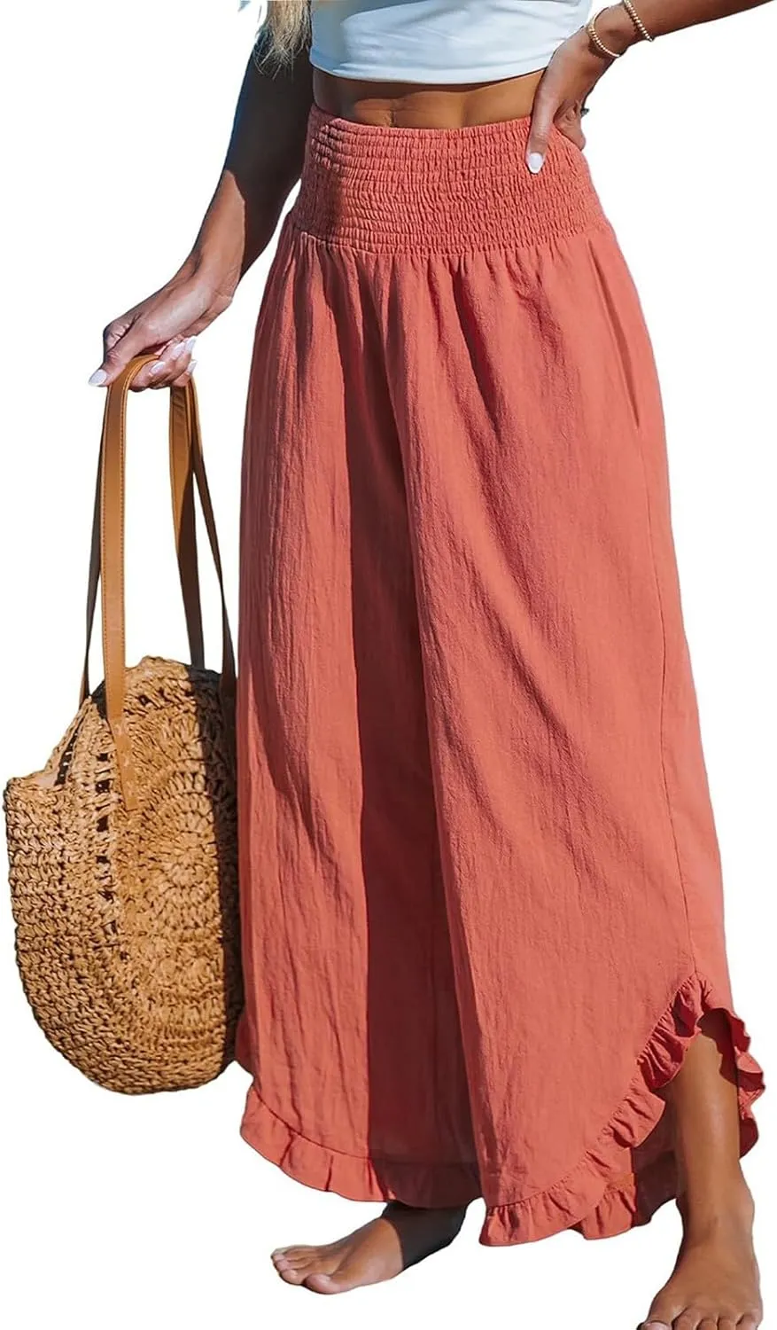 Womens Linen Pants 2025 Summer Wide Leg Elastic High Waist Pants with Pocket Flowy Casual Vocation Beach Trousers