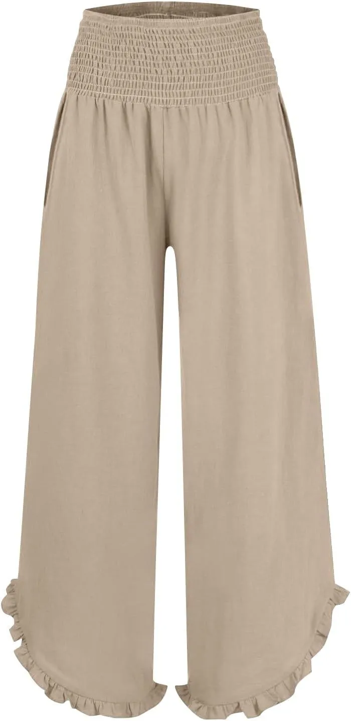 Womens Linen Pants 2025 Summer Wide Leg Elastic High Waist Pants with Pocket Flowy Casual Vocation Beach Trousers