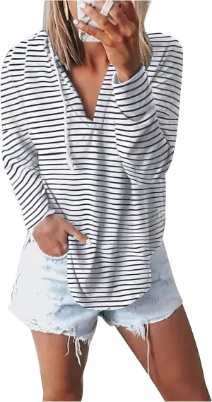 Womens Long Sleeve V Neck Hoodie Sweatshirts Lightweight Pullover Tops