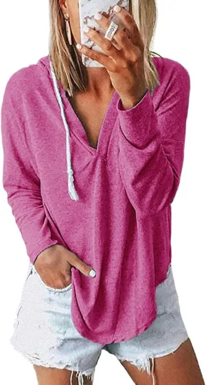 Womens Long Sleeve V Neck Hoodie Sweatshirts Lightweight Pullover Tops