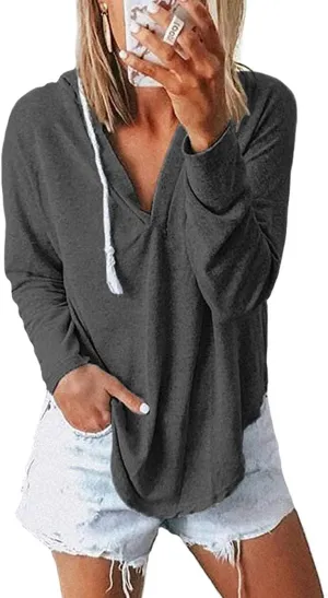 Womens Long Sleeve V Neck Hoodie Sweatshirts Lightweight Pullover Tops