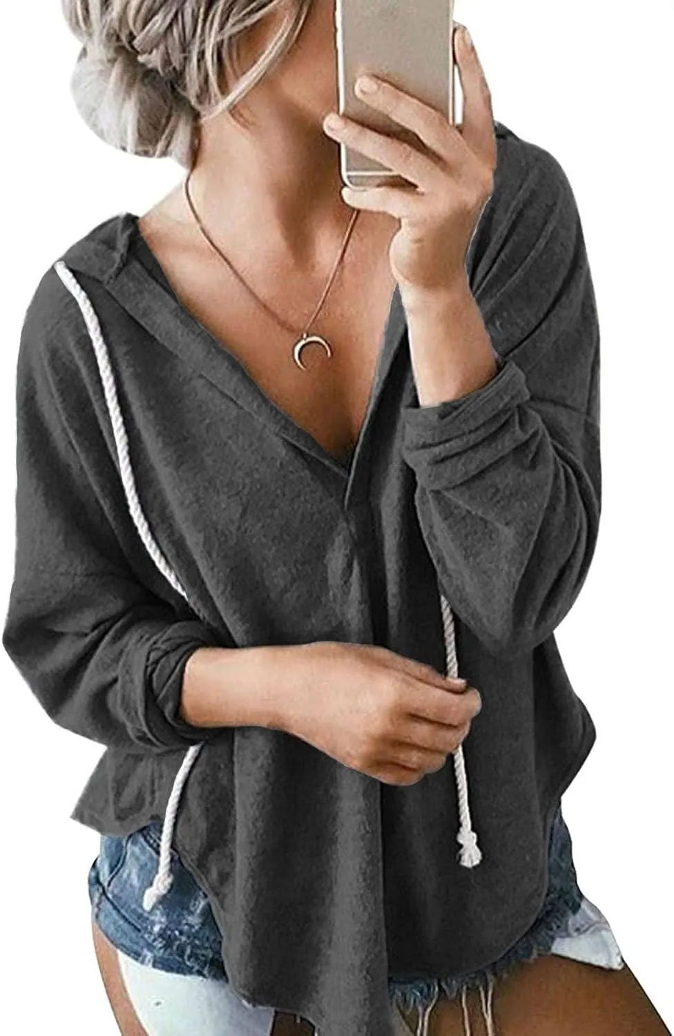 Womens Long Sleeve V Neck Hoodie Sweatshirts Lightweight Pullover Tops