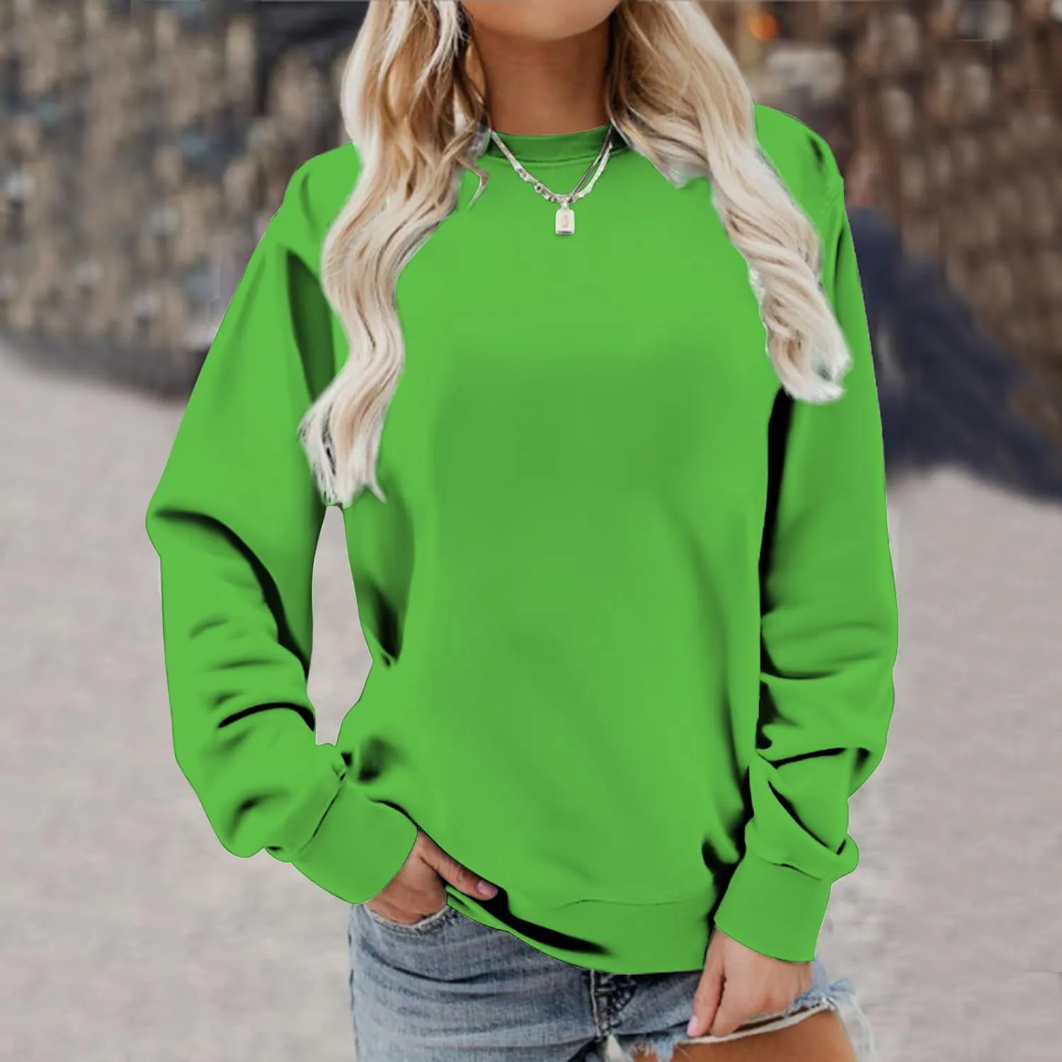 Womens Long Sleeves Sweatshirt Fitted Blouse Solid Color Round Neck Tops Pullover Casual Loose Fashion Hoodies