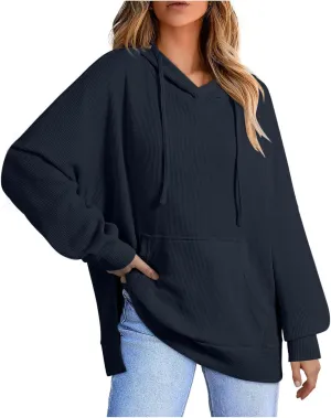 Women's Oversized Hoodies Long Sleeve Drawstring Lightweight Pullover Tops Loose Side Slit Sweatshirt with Pocket