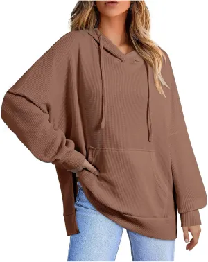 Women's Oversized Hoodies Long Sleeve Drawstring Lightweight Pullover Tops Loose Side Slit Sweatshirt with Pocket