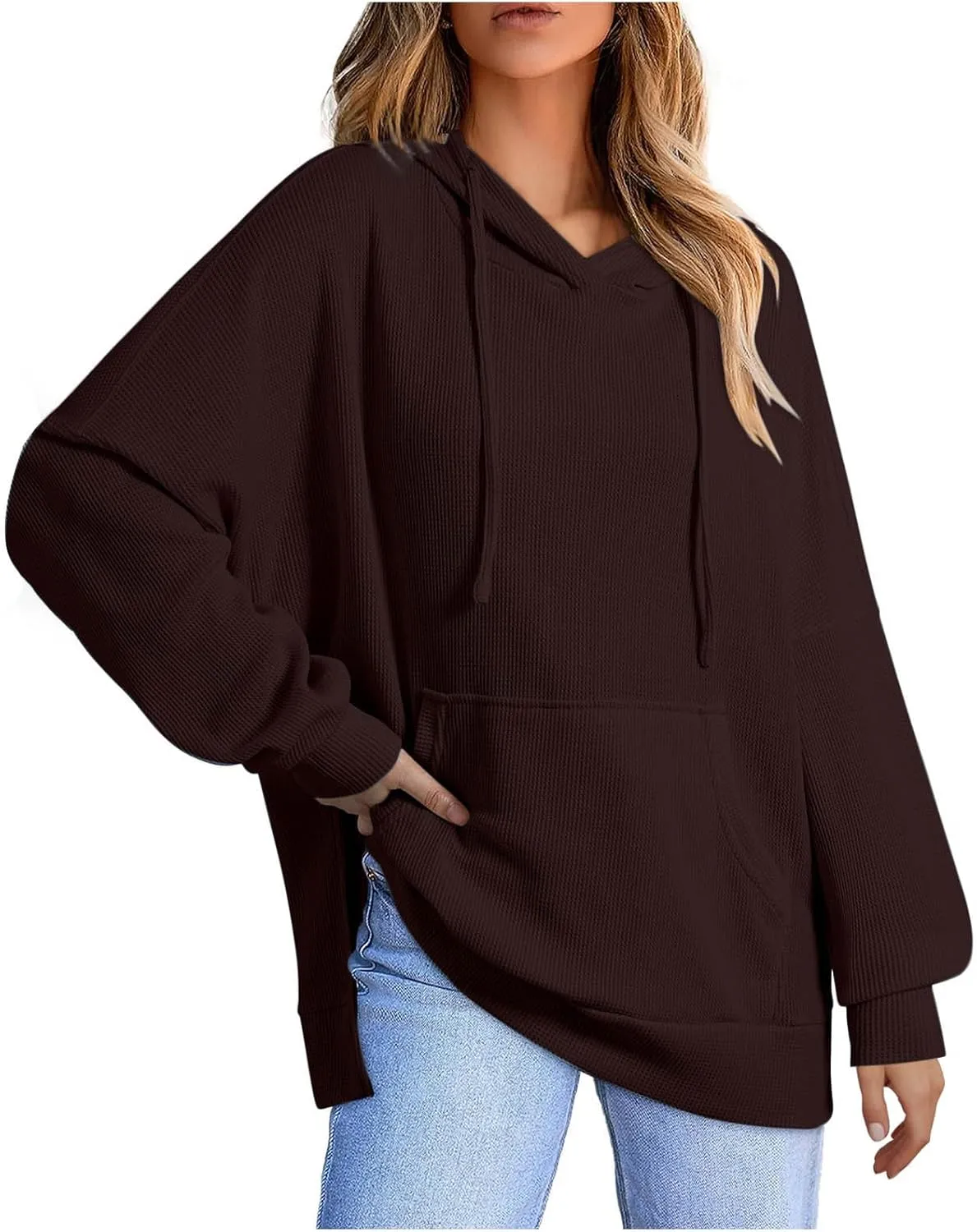 Women's Oversized Hoodies Long Sleeve Drawstring Lightweight Pullover Tops Loose Side Slit Sweatshirt with Pocket