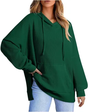 Women's Oversized Hoodies Long Sleeve Drawstring Lightweight Pullover Tops Loose Side Slit Sweatshirt with Pocket