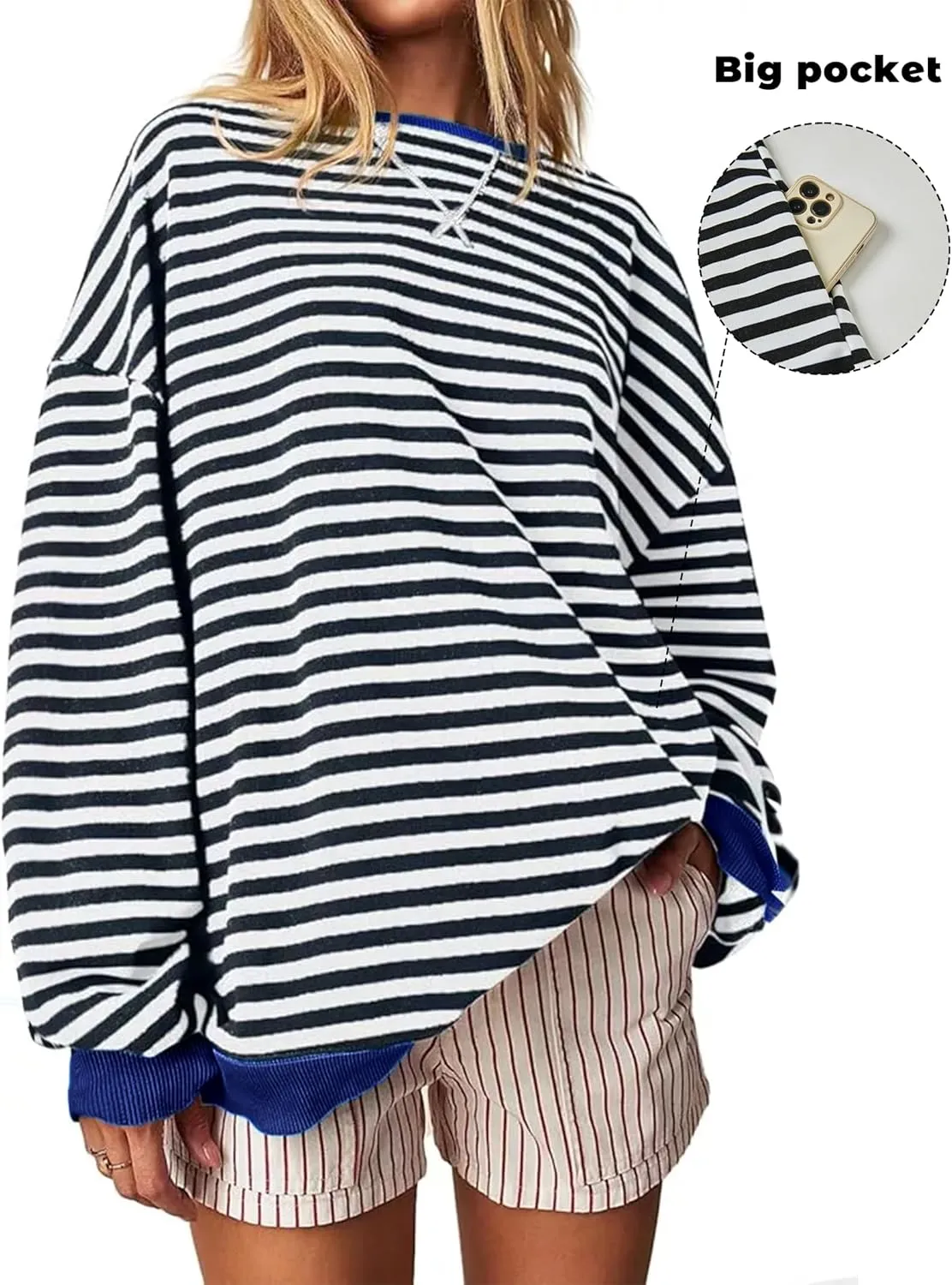Women's Oversized Striped Sweatshirt 2024 Fall Pullover Color Block Tunic Tops Outfits with Pocket