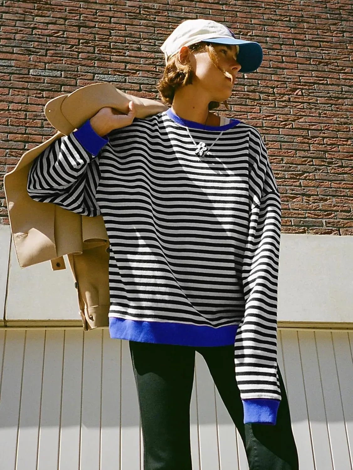 Women's Oversized Striped Sweatshirt 2024 Fall Pullover Color Block Tunic Tops Outfits with Pocket