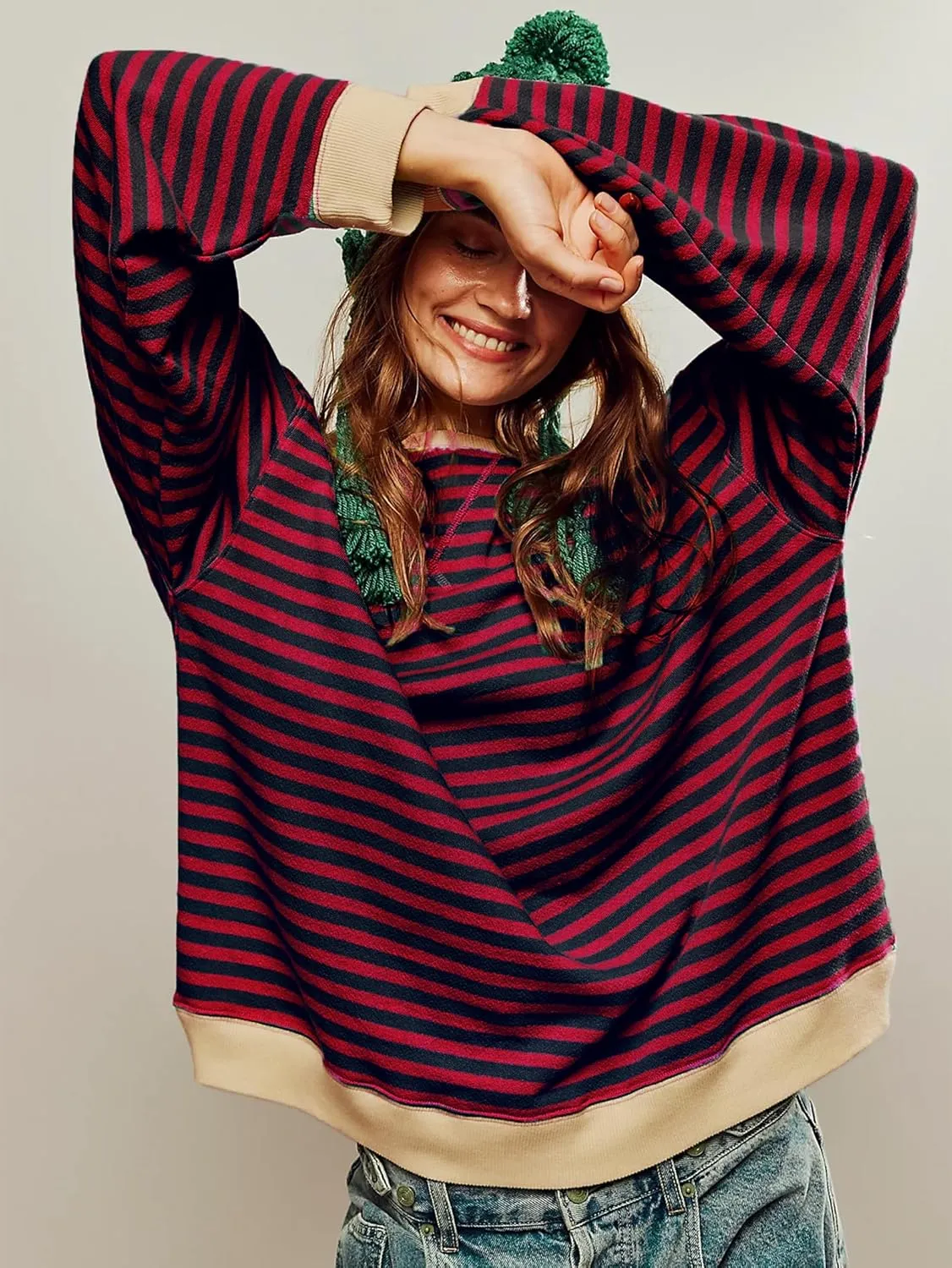 Women's Oversized Striped Sweatshirt 2024 Fall Pullover Color Block Tunic Tops Outfits with Pocket