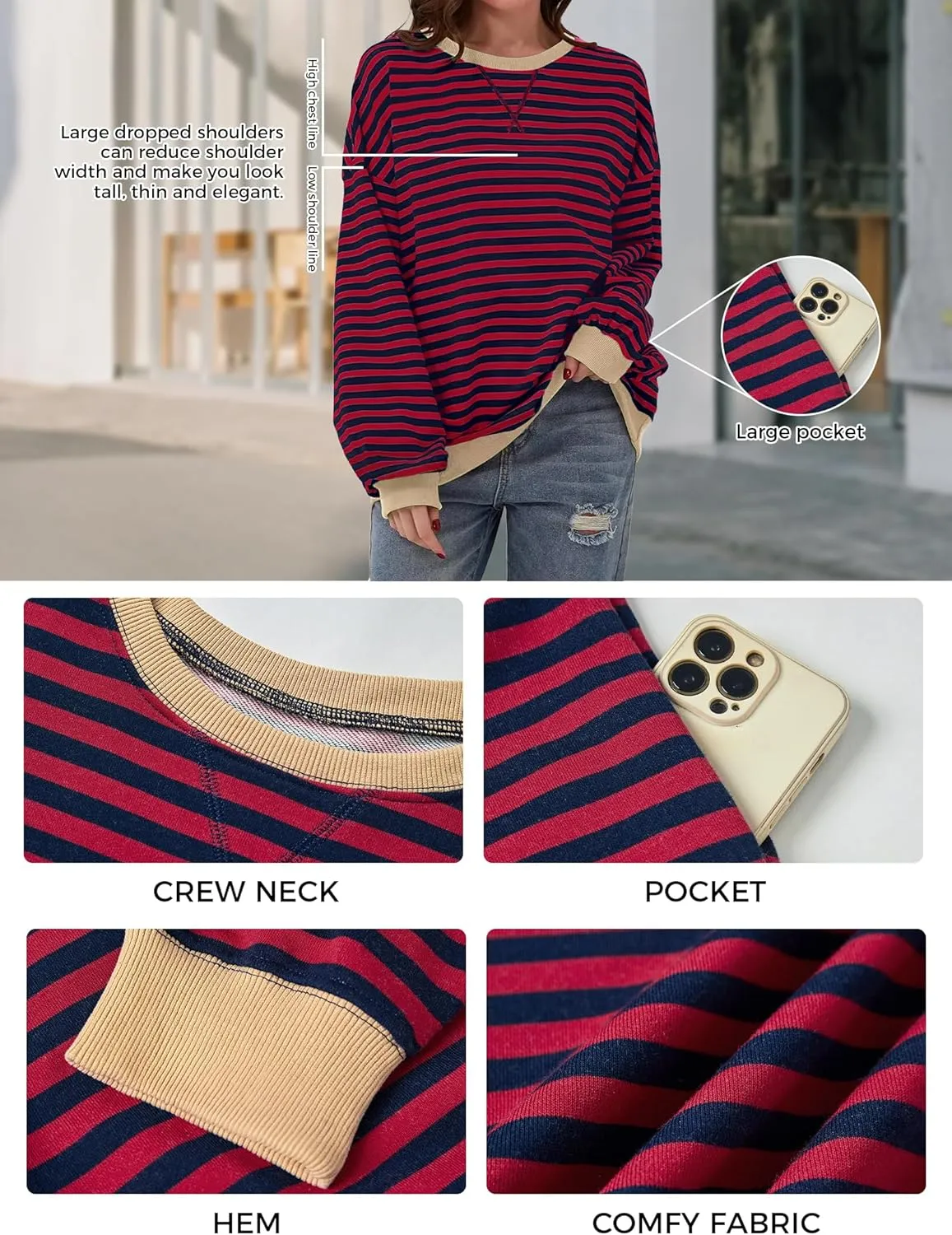 Women's Oversized Striped Sweatshirt 2024 Fall Pullover Color Block Tunic Tops Outfits with Pocket