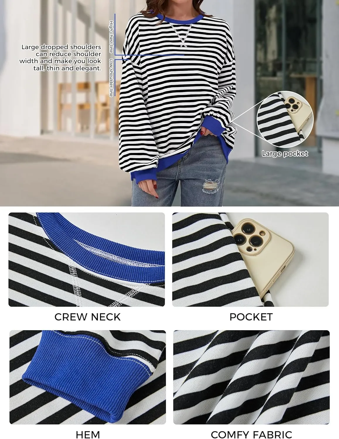 Women's Oversized Striped Sweatshirt 2024 Fall Pullover Color Block Tunic Tops Outfits with Pocket