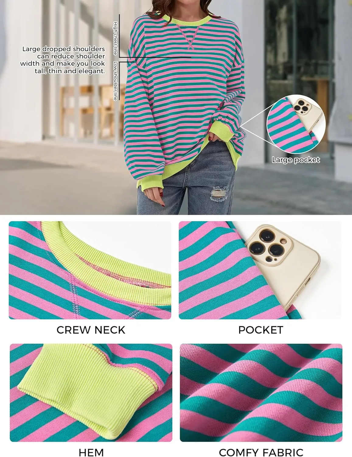 Women's Oversized Striped Sweatshirt 2024 Fall Pullover Color Block Tunic Tops Outfits with Pocket