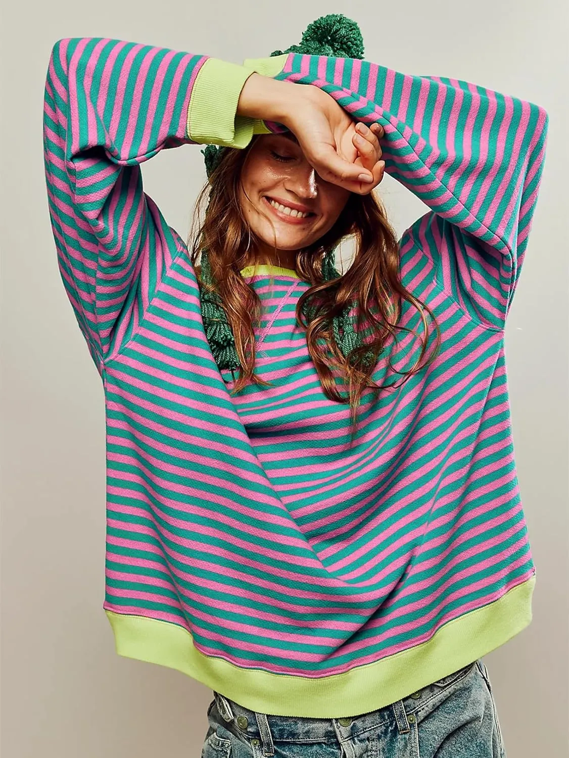 Women's Oversized Striped Sweatshirt 2024 Fall Pullover Color Block Tunic Tops Outfits with Pocket