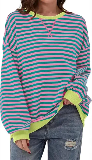 Women's Oversized Striped Sweatshirt 2024 Fall Pullover Color Block Tunic Tops Outfits with Pocket