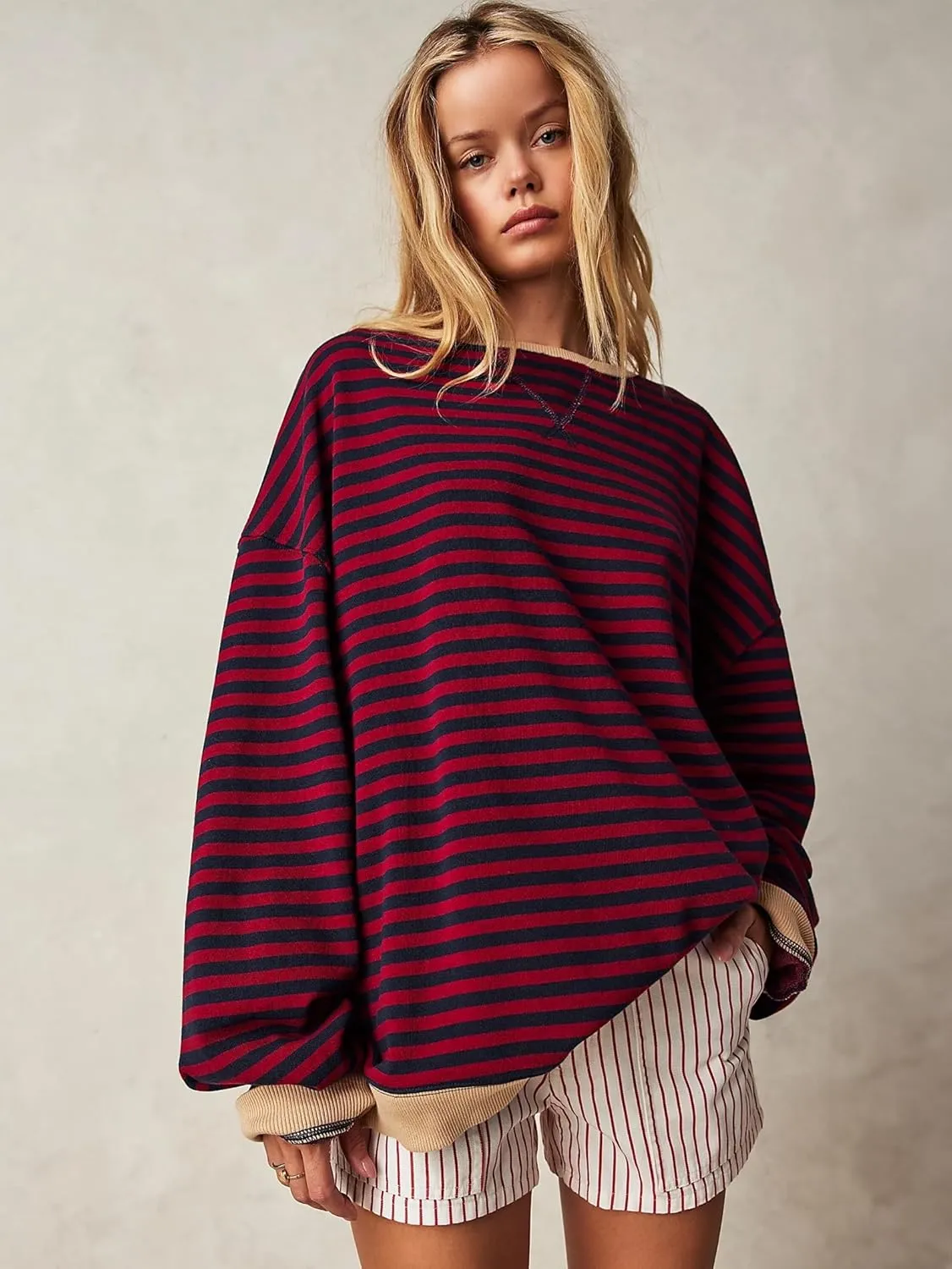 Women's Oversized Striped Sweatshirt 2024 Fall Pullover Color Block Tunic Tops Outfits with Pocket