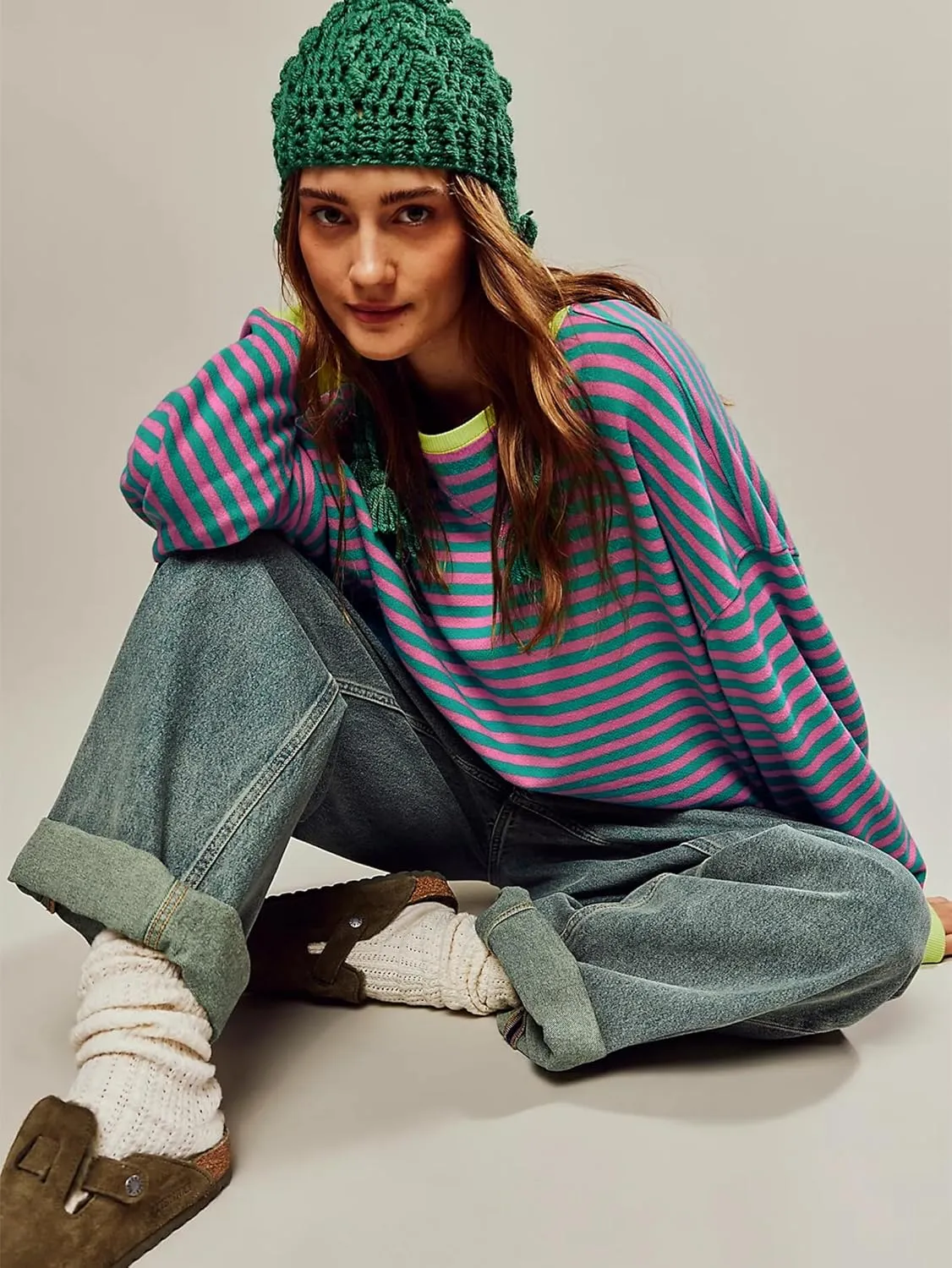 Women's Oversized Striped Sweatshirt 2024 Fall Pullover Color Block Tunic Tops Outfits with Pocket