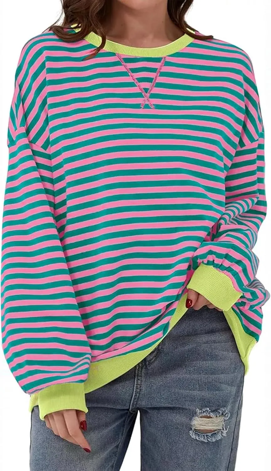 Women's Oversized Striped Sweatshirt 2024 Fall Pullover Color Block Tunic Tops Outfits with Pocket