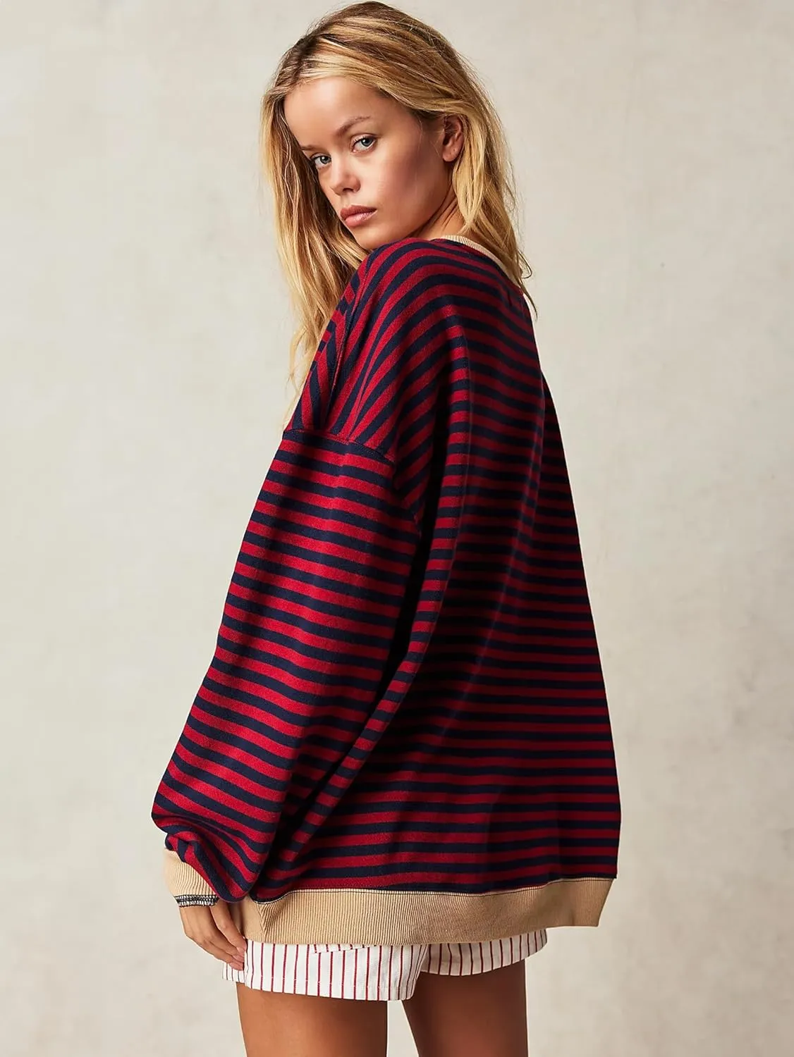 Women's Oversized Striped Sweatshirt 2024 Fall Pullover Color Block Tunic Tops Outfits with Pocket
