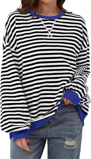 Women's Oversized Striped Sweatshirt 2024 Fall Pullover Color Block Tunic Tops Outfits with Pocket