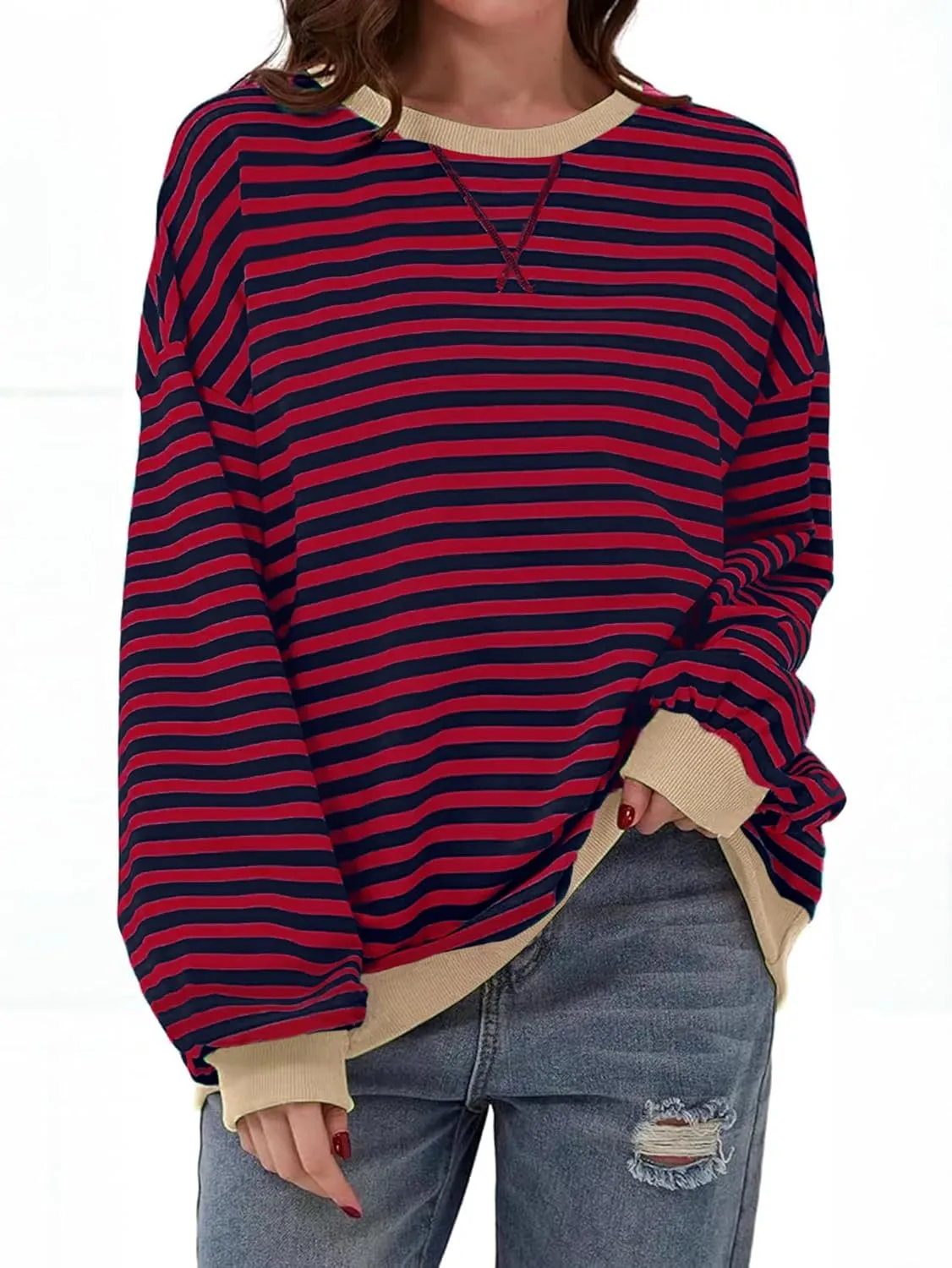 Women's Oversized Striped Sweatshirt 2024 Fall Pullover Color Block Tunic Tops Outfits with Pocket